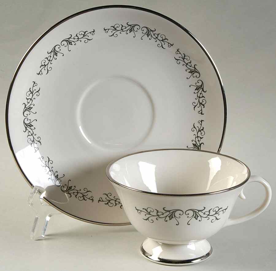 Pierra Grey (Platinum Rim) Footed Cup & Saucer Set by Flintridge-1