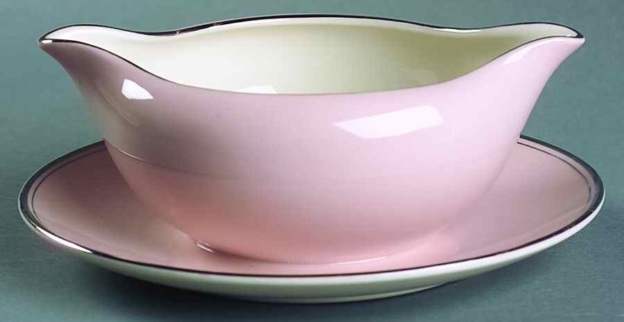 Platinum Petal Pink (Rim) Gravy Boat with Attached Underplate by Flintridge-1
