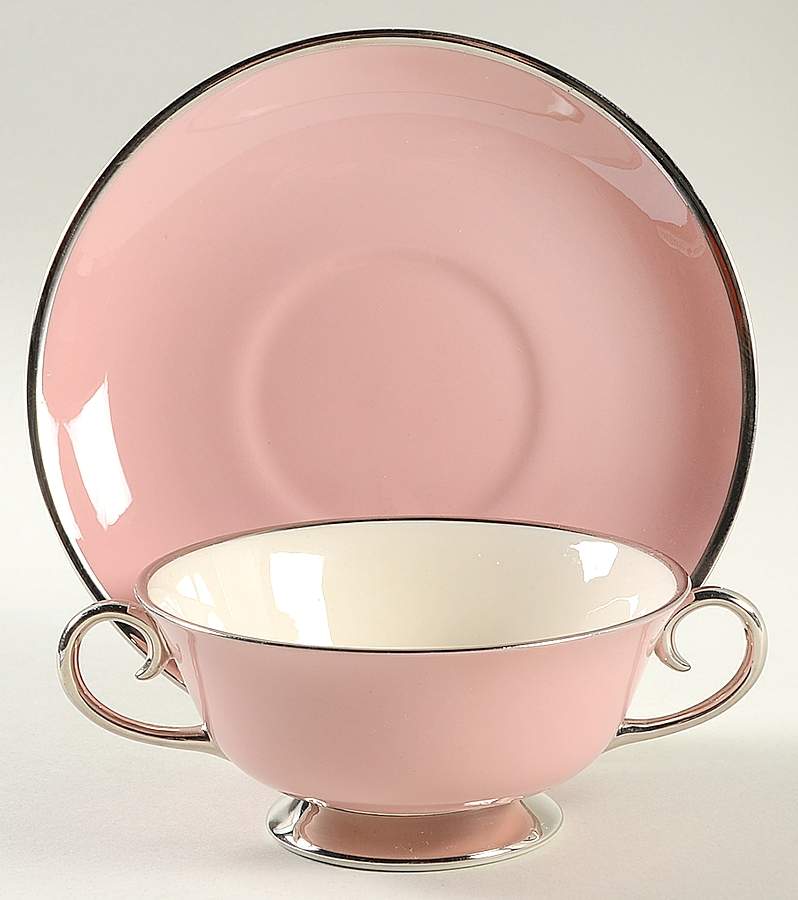 Platinum Rose (Rim) Footed Cream Soup Bowl & Saucer Set by Flintridge-1