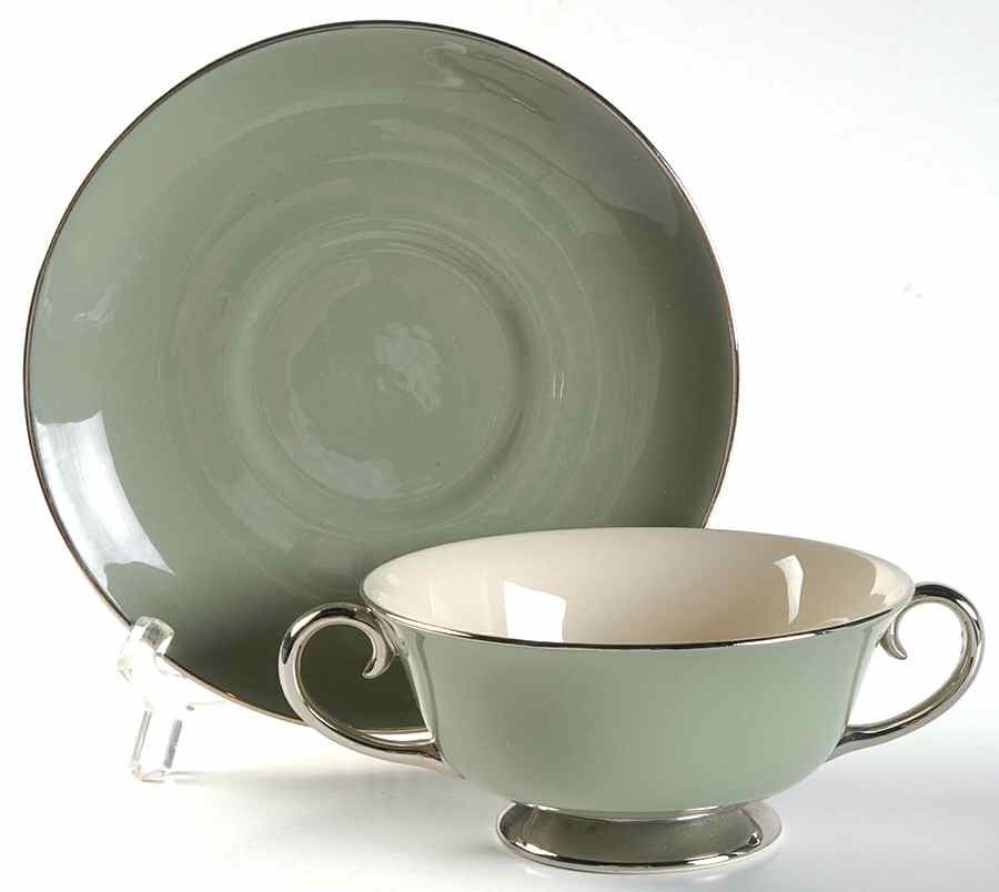 Platinum Sage (Rim & Coupe) Footed Cream Soup Bowl & Saucer Set by Flintridge-1