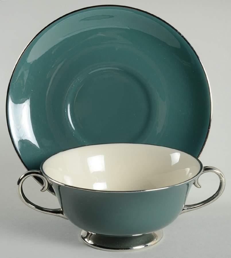 Platinum Teal (Rim) Footed Cream Soup Bowl & Saucer Set by Flintridge-1