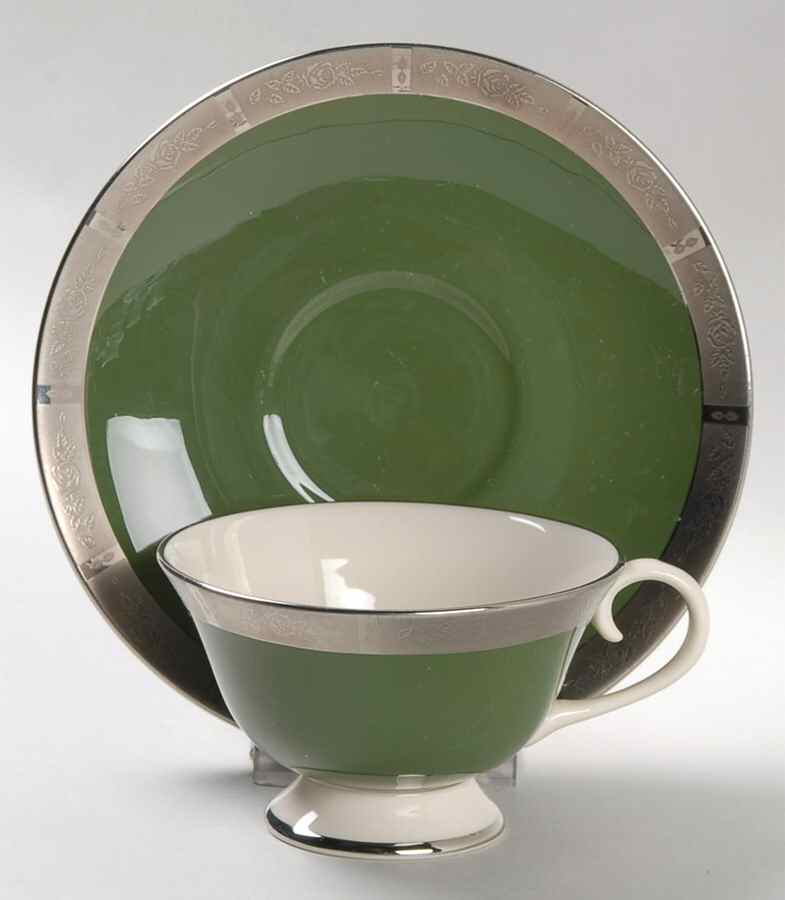 Rose Tapestry Spanish Green (Rim) Footed Cup & Saucer Set by Flintridge-1