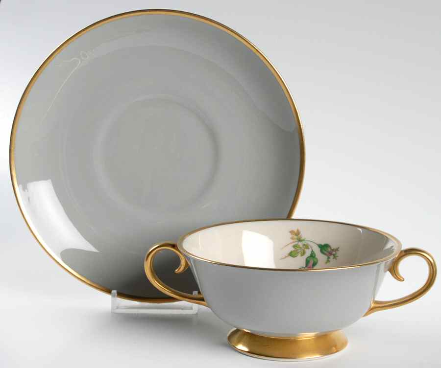 San Marino (Gold Trim, Rim & Coupe) Footed Cream Soup Bowl & Saucer Set by Flintridge-1