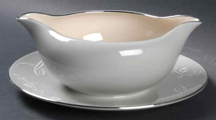 Snow Tulip Gray (Rim & Coupe) Gravy Boat with Attached Underplate by Flintridge-1