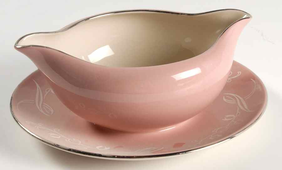 Snow Tulip Pink (Rim & Coupe) Gravy Boat with Attached Underplate by Flintridge-1