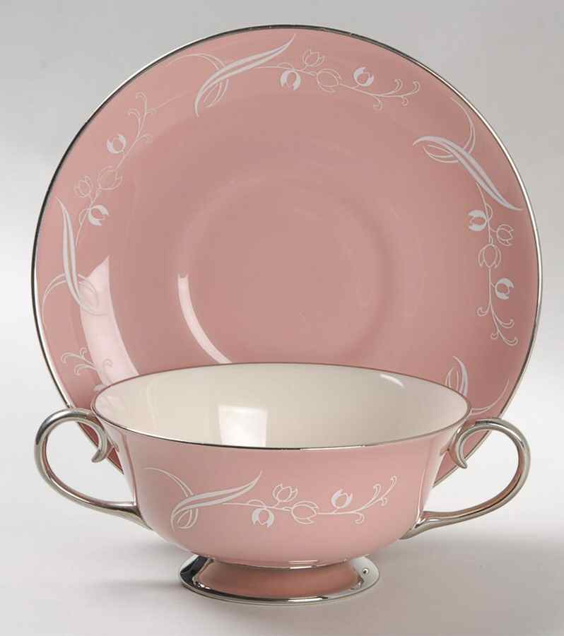 Snow Tulip Pink (Rim & Coupe) Footed Cream Soup Bowl & Saucer Set by Flintridge-1