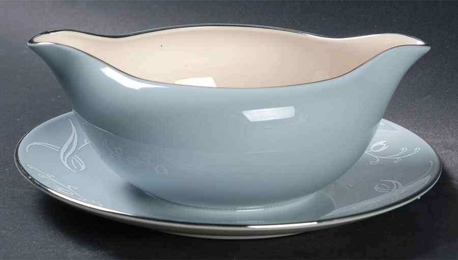 Snow Tulip Strata Blue (Rim & Coupe) Gravy Boat with Attached Underplate by Flintridge-1