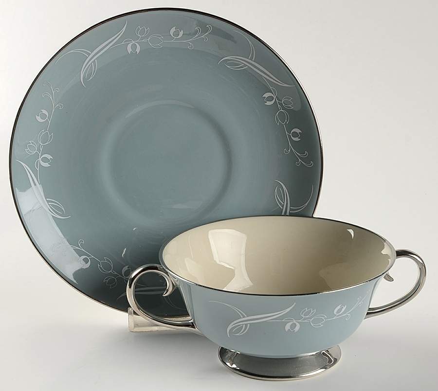 Snow Tulip Strata Blue (Rim & Coupe) Footed Cream Soup Bowl & Saucer Set by Flintridge-1