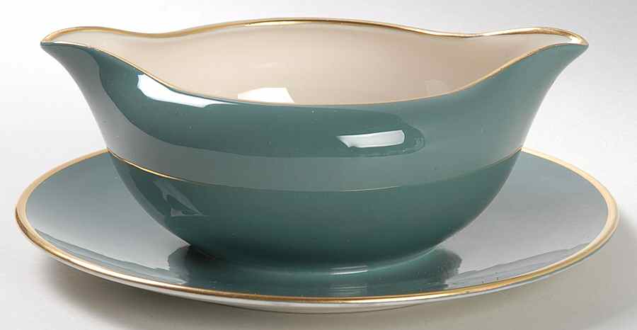 Sylvan-California Teal Green (Rim) Gravy Boat with Attached Underplate by Flintridge-1