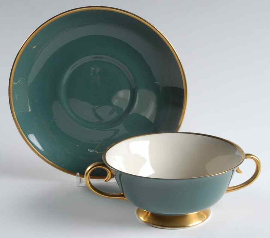 Sylvan-California Teal Green (Rim) Footed Cream Soup Bowl & Saucer Set by Flintridge-1