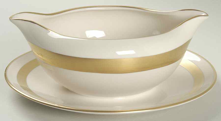 Theme (Wide Gold, Rim & Coupe) Gravy Boat with Attached Underplate by Flintridge-1