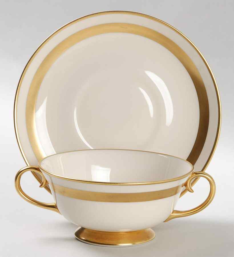 Theme (Wide Gold, Rim & Coupe) Footed Cream Soup Bowl & Saucer Set by Flintridge-1