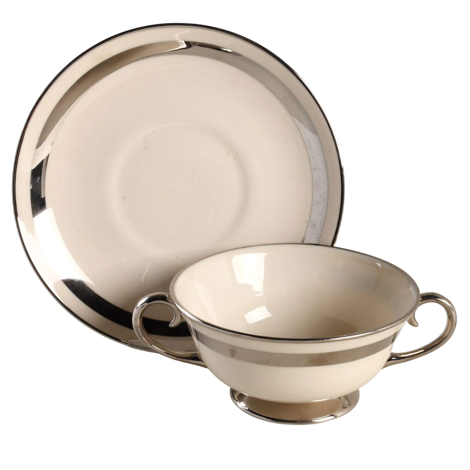 Theme (Wide Platinum, Rim & Coupe) Footed Cream Soup Bowl & Saucer Set by Flintridge-1