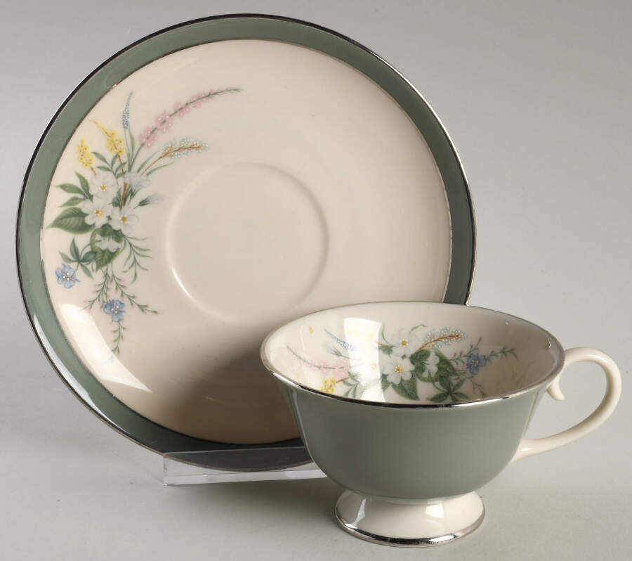 True Love Sage Green (Rim & Coupe) Footed Cup & Saucer Set by Flintridge-1