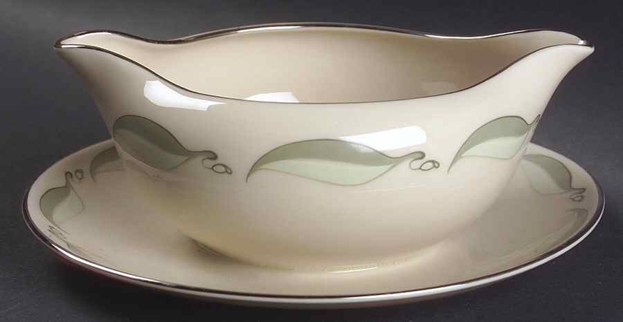 Valinda Leaf Light Green (Rim & Coupe) Gravy Boat with Attached Underplate by Flintridge-1