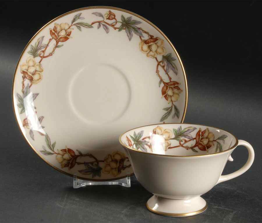 Woodrose No Color Band (Gold Trim, Rim) Footed Cup & Saucer Set by Flintridge-1
