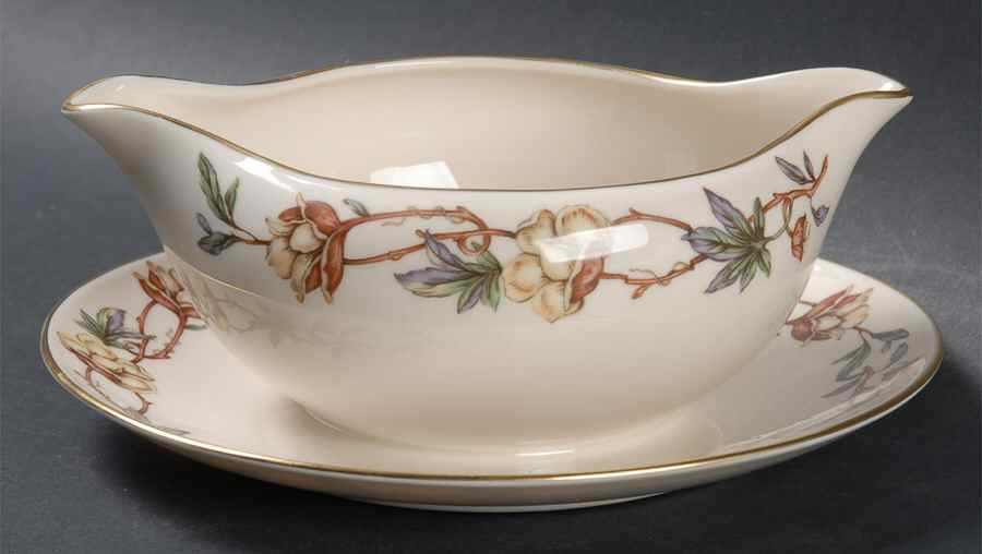 Woodrose No Color Band (Gold Trim, Rim) Gravy Boat with Attached Underplate by Flintridge-1