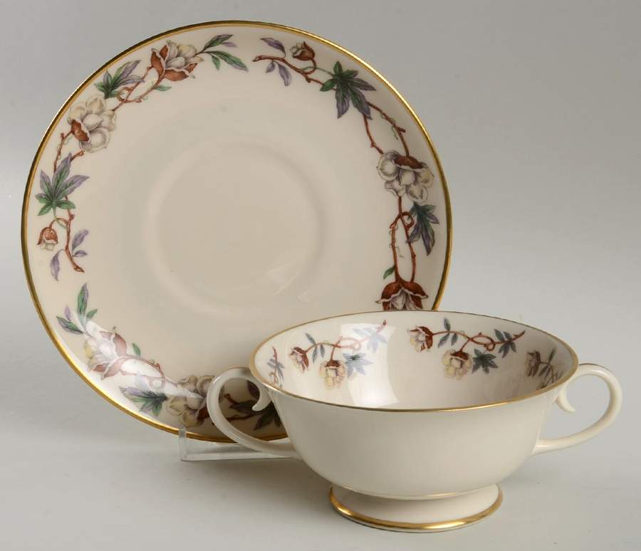 Woodrose No Color Band (Gold Trim, Rim) Footed Cream Soup Bowl & Saucer Set by Flintridge-1