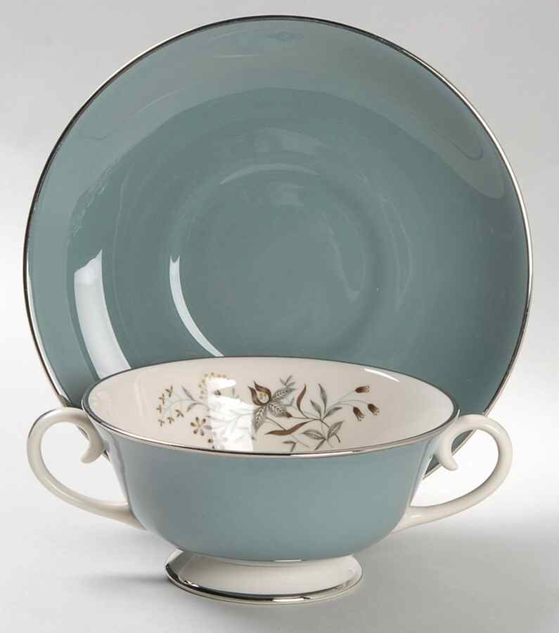 Woodsong Peacock (Rim & Coupe) Footed Cream Soup Bowl & Saucer Set by Flintridge-1