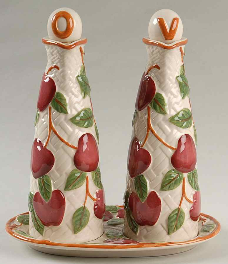 Apple (England Backstamp) Vinegar and Oil with "V" and "O" Stoppers on Tray by Franciscan-1