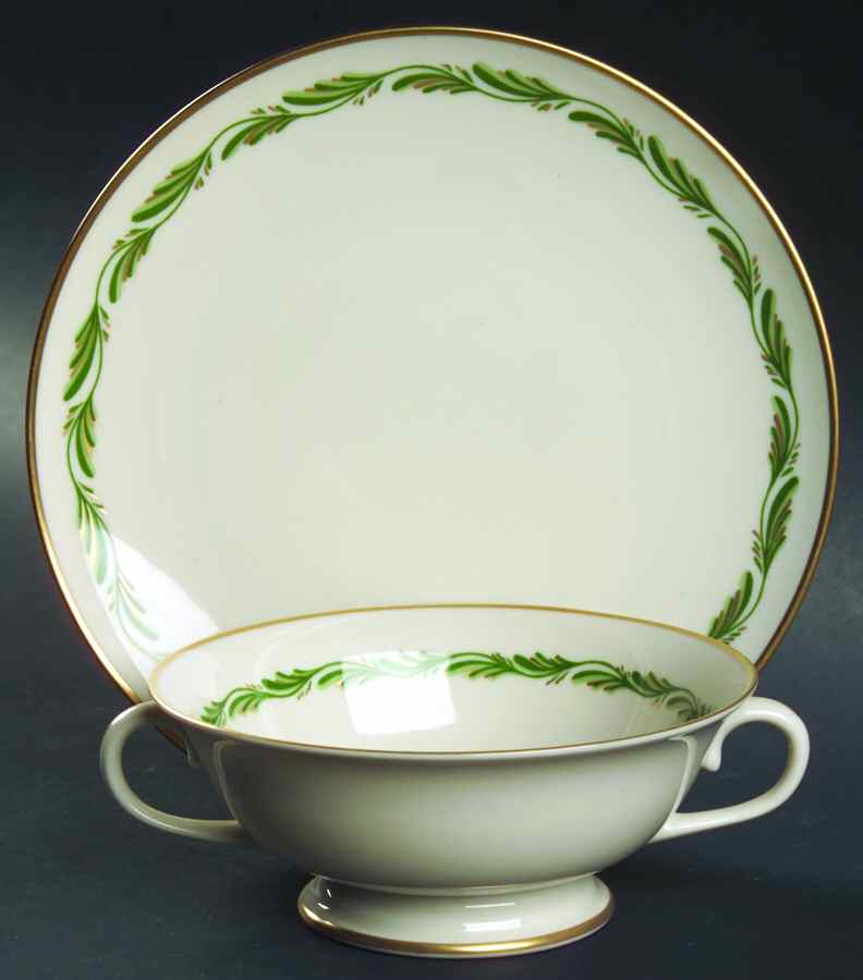Arcadia Green Footed Cream Soup Bowl & Saucer Set by Franciscan-1