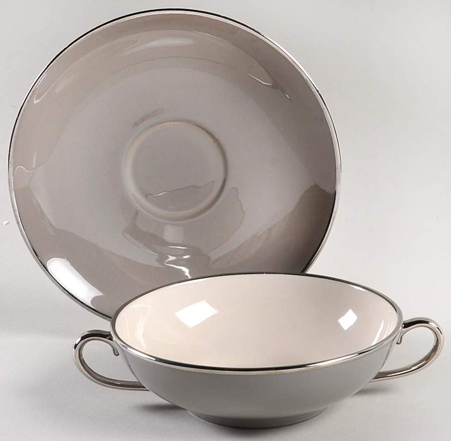 Birchbark (Platinum Trim) Flat Cream Soup Bowl & Saucer Set by Franciscan-1