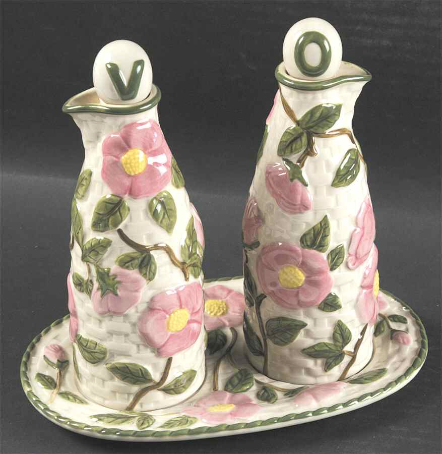 Desert Rose (England and Portugal Backstamp) Vinegar and Oil with "V" and "O" Stoppers on Tray by Franciscan-1
