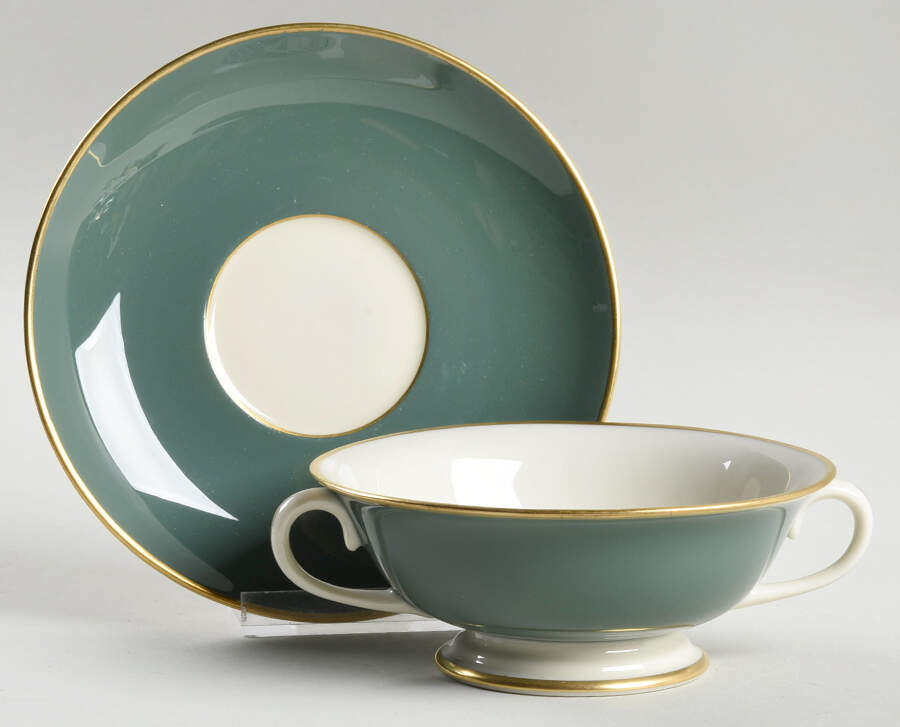 Palomar Jade (Dark Green) Footed Cream Soup Bowl & Saucer Set by Franciscan-1