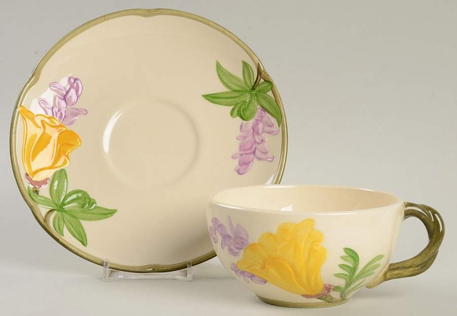 Poppy (Yellow & Purple Flowers) Flat Cup & Saucer Set by Franciscan-1