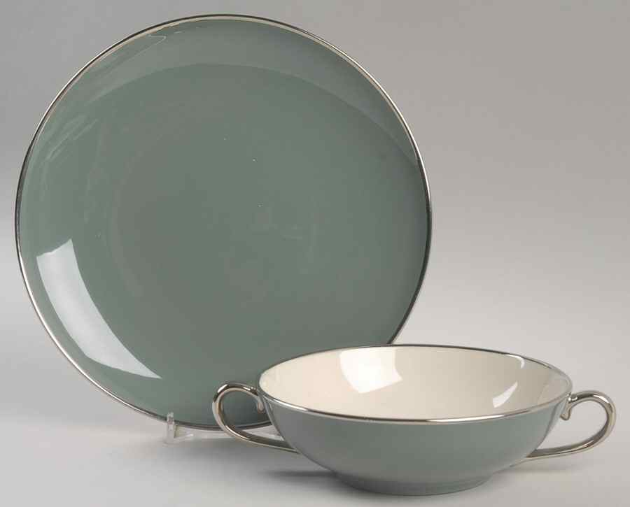 Spruce (Platinum Trim) Flat Cream Soup Bowl & Dessert Plate/Saucer Set by Franciscan-1