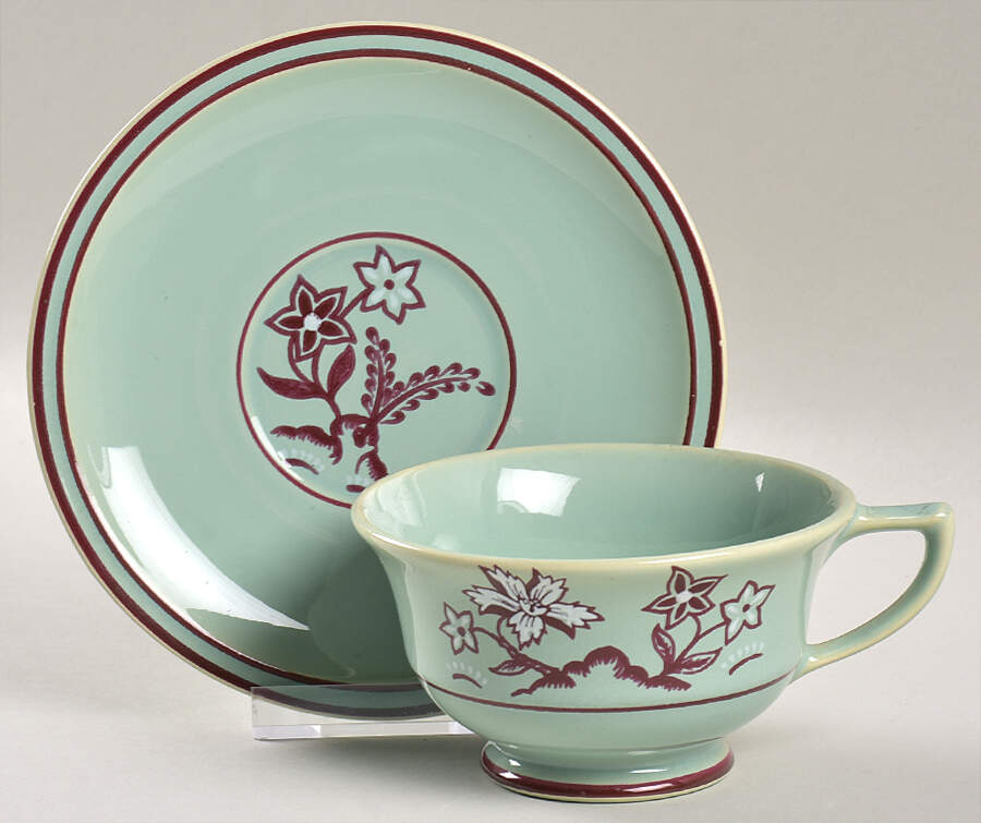 Tiger Flower Celadon Footed Cup & Saucer Set by Franciscan-1