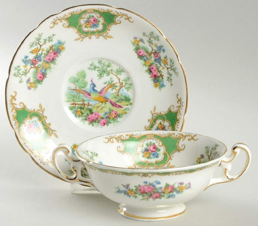 Broadway Green Footed Cream Soup Bowl & Saucer Set by Foley-1