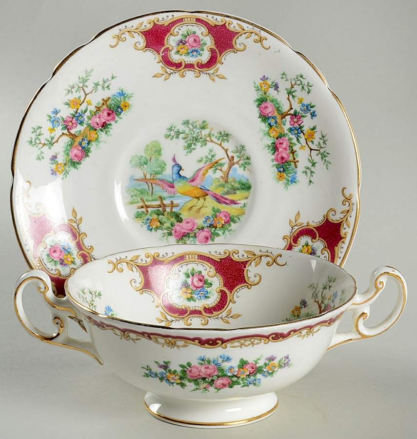 Broadway Maroon Footed Cream Soup Bowl & Saucer Set by Foley-1
