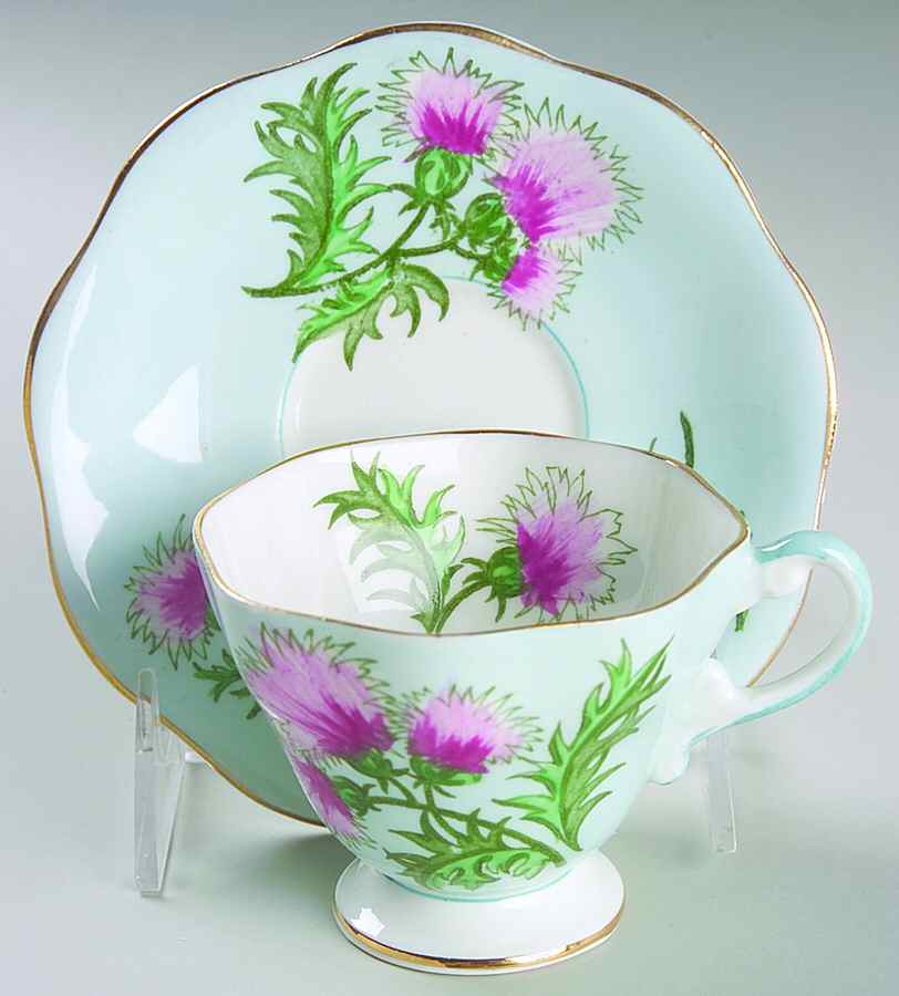 Glengarry Thistle Light Blue Footed Cup & Saucer Set by Foley-1