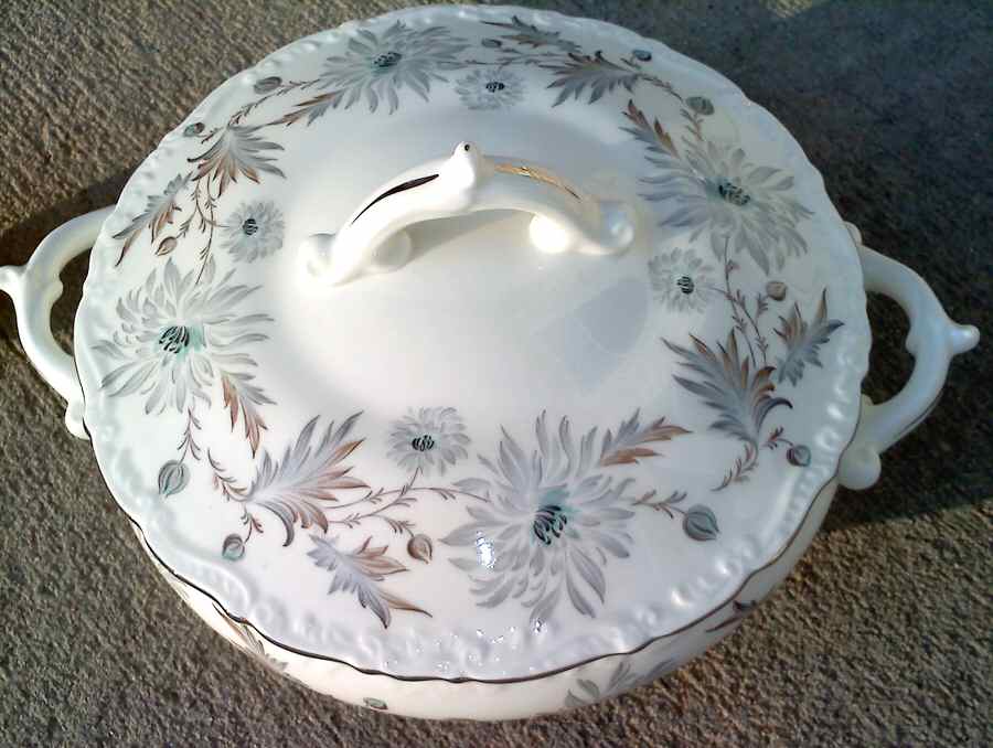 Mayfair (Flowers, Platinum Trim) Round Covered Vegetable by Foley-1