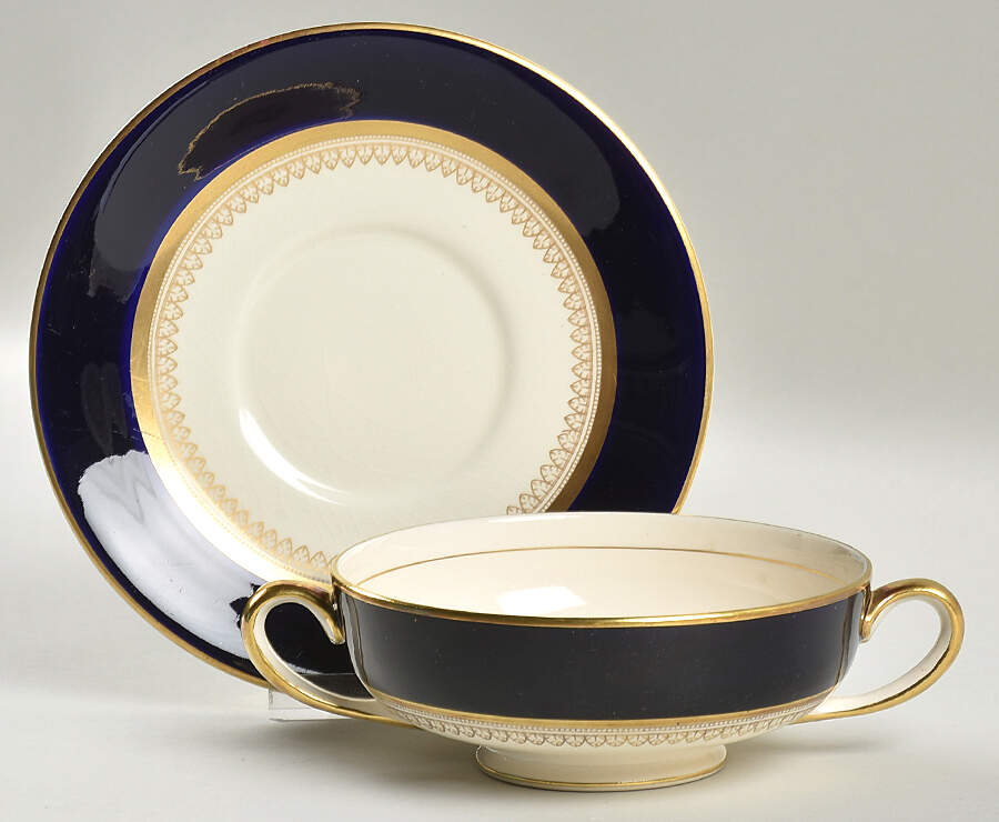 5973 Cobalt (Smooth) Footed Cream Soup Bowl & Saucer Set by Fondeville-1