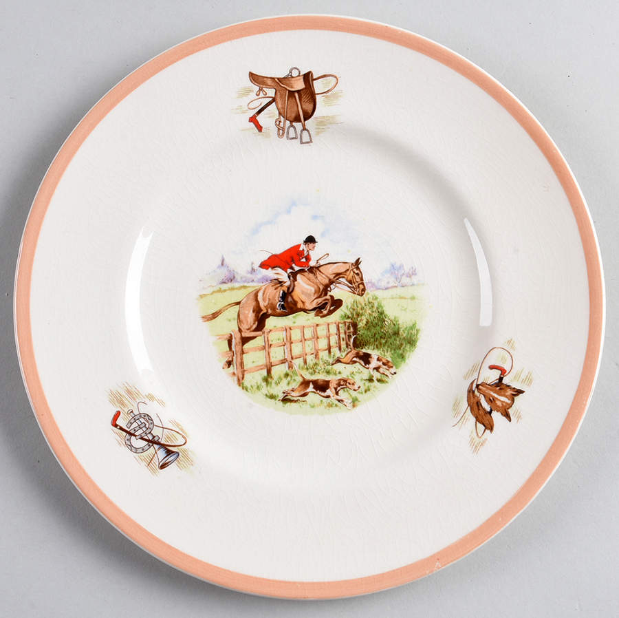 English Hunting Scenes (Salmon Pink Edge) Salad Plate by Fondeville-1