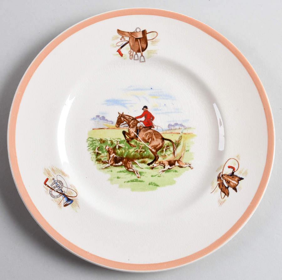 English Hunting Scenes (Salmon Pink Edge) Salad Plate by Fondeville-1