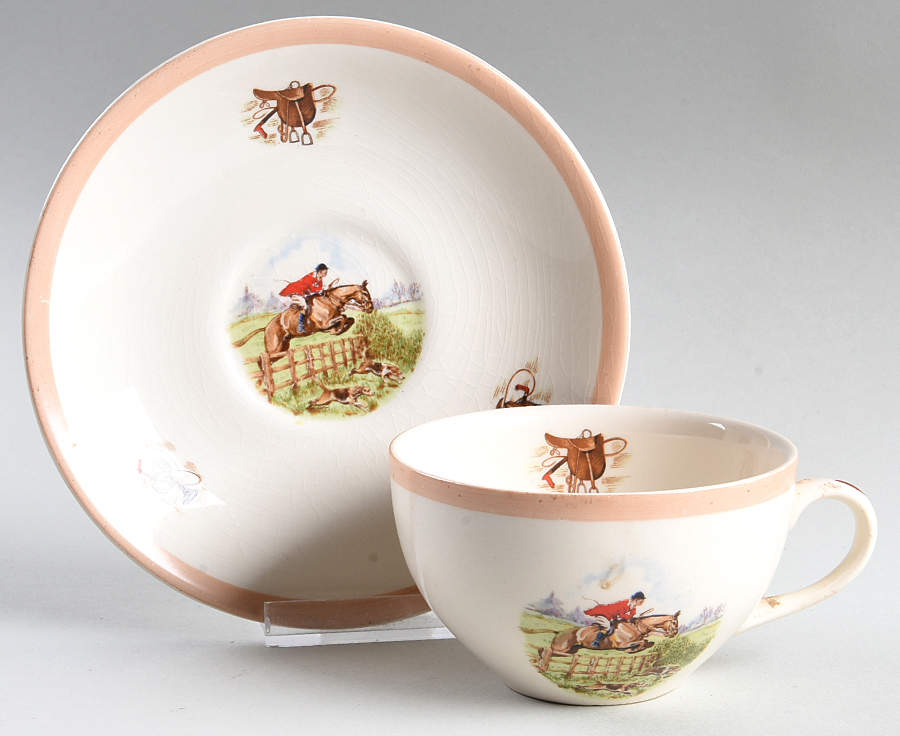 English Hunting Scenes (Salmon Pink Edge) Flat Cup & Saucer Set by Fondeville-1