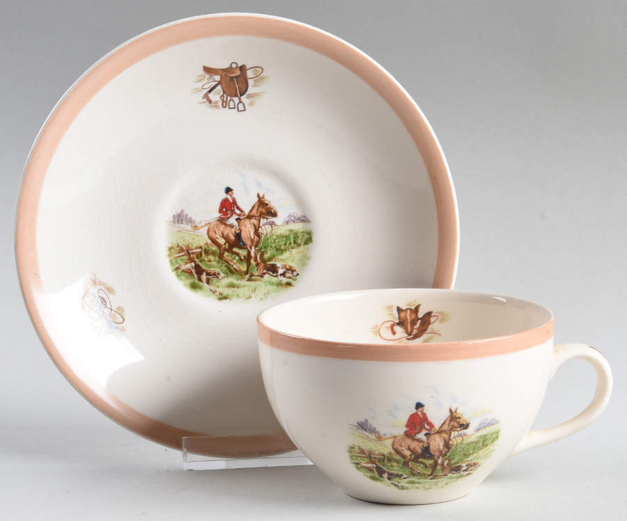 English Hunting Scenes (Salmon Pink Edge) Flat Cup & Saucer Set by Fondeville-1