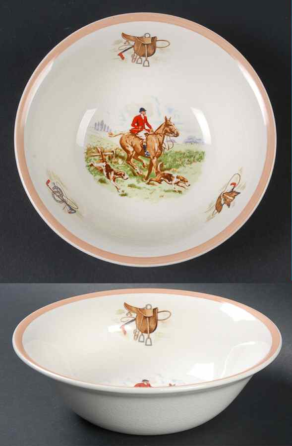 English Hunting Scenes (Salmon Pink Edge) Coupe Cereal Bowl by Fondeville-1