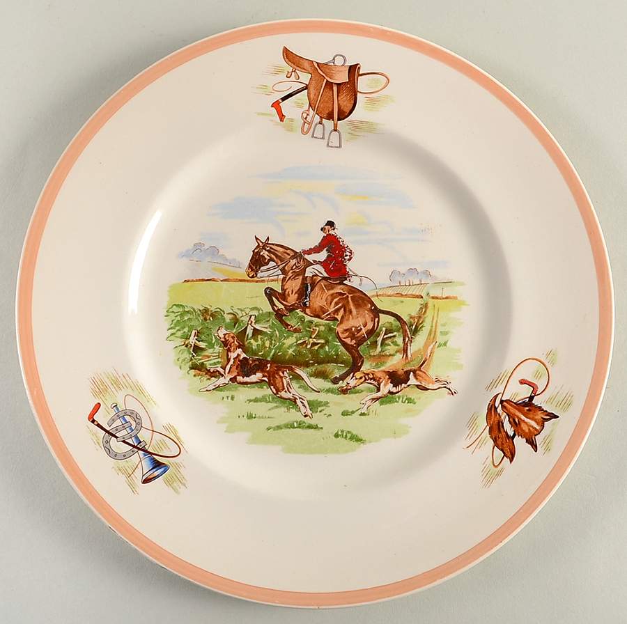 English Hunting Scenes (Salmon Pink Edge) Dinner Plate by Fondeville-1