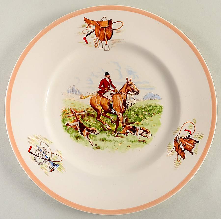 English Hunting Scenes (Salmon Pink Edge) Dinner Plate by Fondeville-1