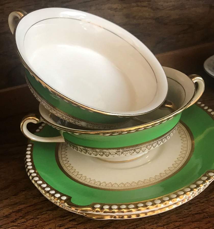 5973 Green (Scalloped) Footed Cream Soup Bowl & Saucer Set by Fondeville-1