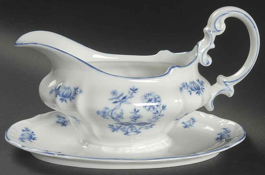 Ming Blue Gravy Boat with Attached Underplate by Forest-1
