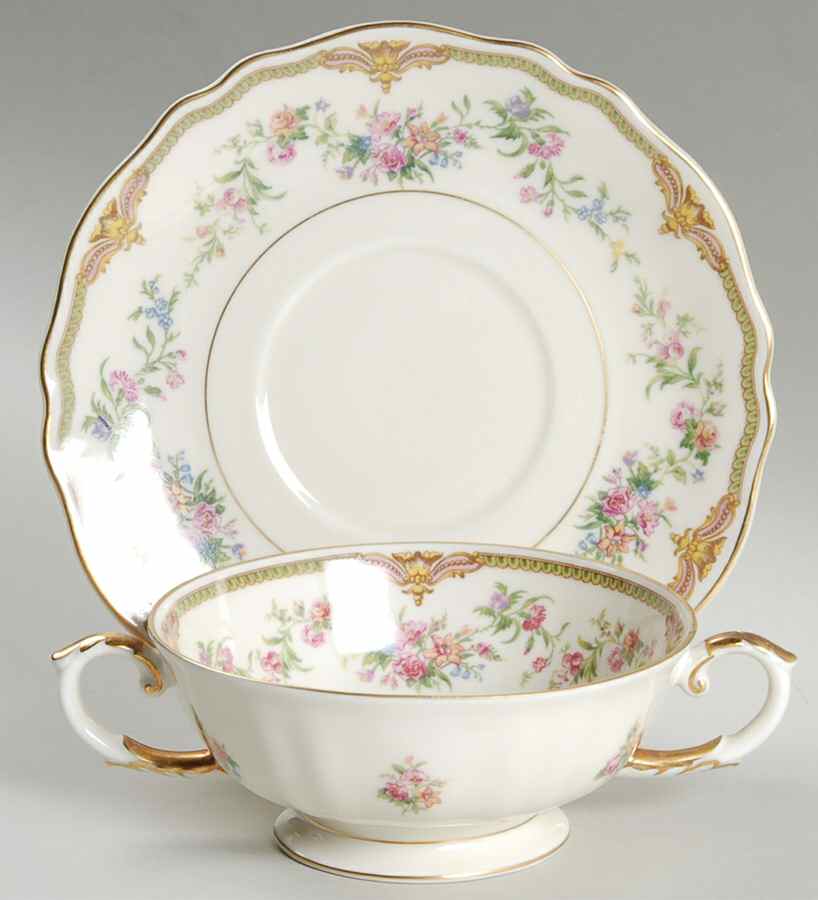 Aida (Gold Verge & Trim) Footed Cream Soup Bowl & Saucer Set by Franconia-Krautheim & Adelburg-1