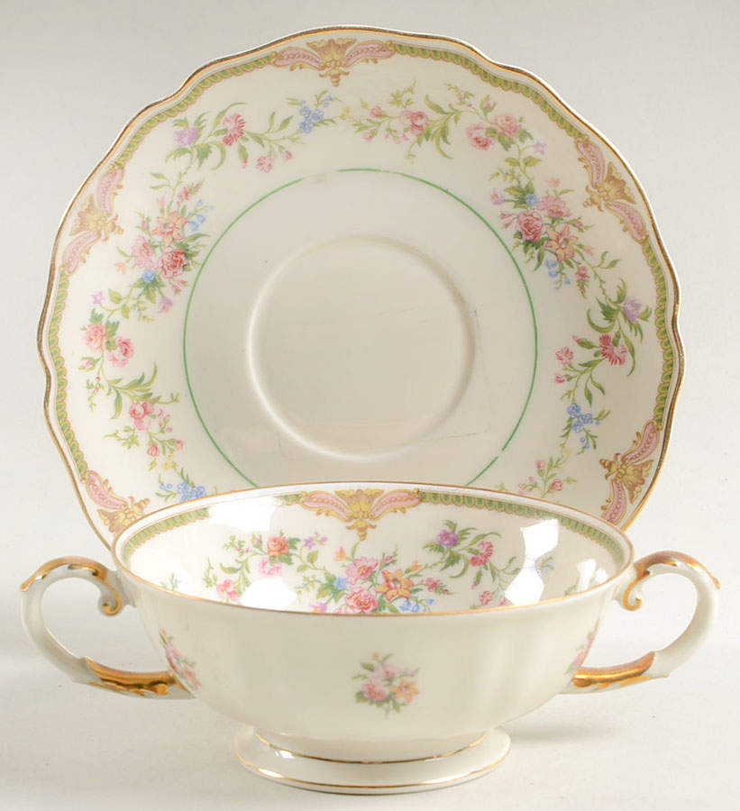 Aida (Green Verge & Gold Trim) Footed Cream Soup Bowl & Saucer Set by Franconia-Krautheim & Adelburg-1