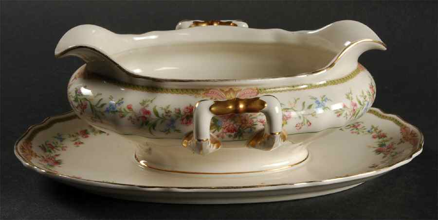 Aida (Green Verge & Gold Trim) Gravy Boat with Attached Underplate by Franconia-Krautheim & Adelburg-1