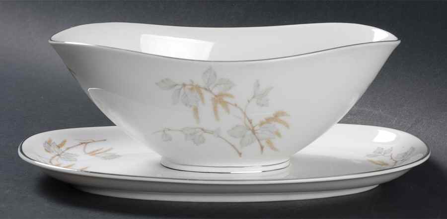 Birch Blossoms (Platinum Trim) Gravy Boat with Attached Underplate by Franconia-Krautheim & Adelburg-1