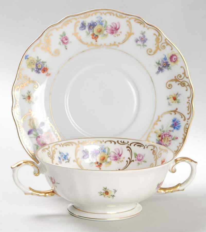 Dresden Flowers Footed Cream Soup Bowl & Saucer Set by Franconia-Krautheim & Adelburg-1
